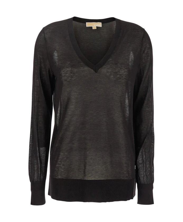 

Черный пуловер с V-образным вырезом, смесь хлопка и шелка. Michael Kors, черный