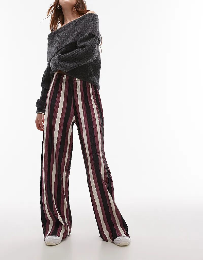 

Широкие брюки в полоску плиссе в бордовом цвете Topshop