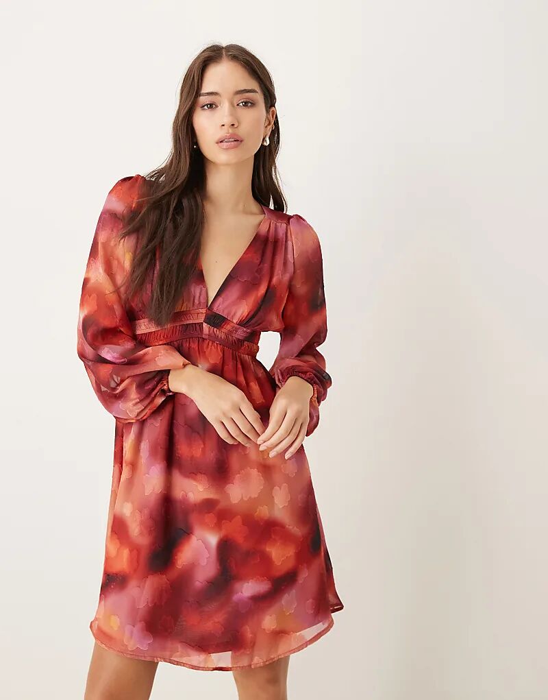 

Платье-мини Lovedrobe Floral Burning с длинными рукавами и V-образным вырезом, разноцветное