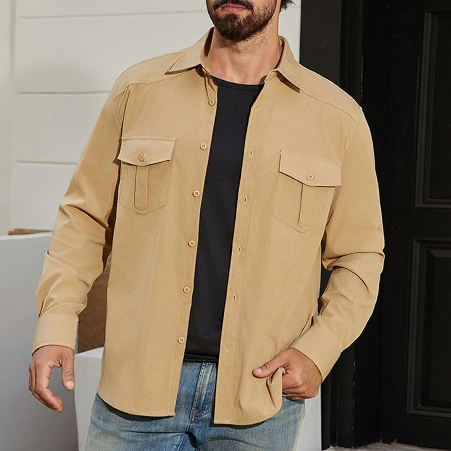 Мужская рубашка на пуговицах Casual Vintage с длинным рукавом, лацканом и двумя накладными карманами Generic, хаки — фото 2