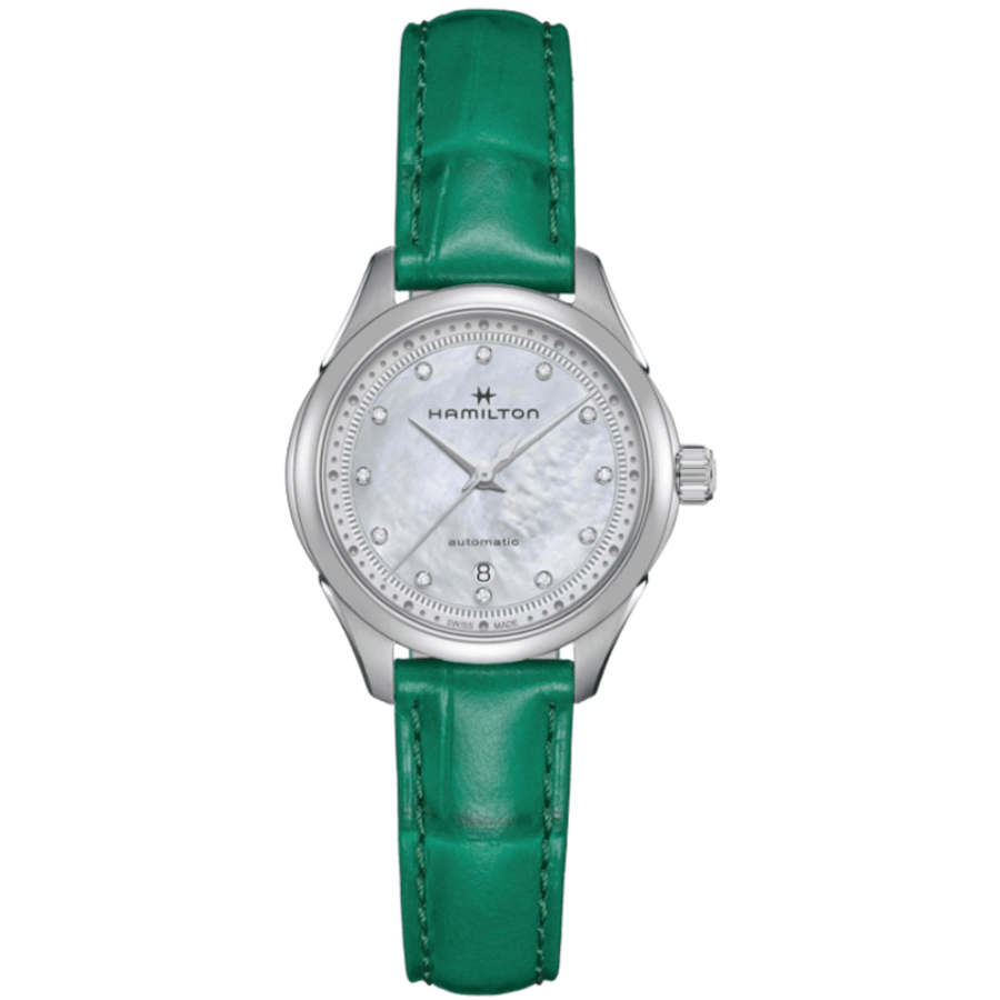 

Женские часы Hamilton Jazzmaster Lady Auto с перламутровым бриллиантовым циферблатом и зеленым кожаным ремешком H32275890