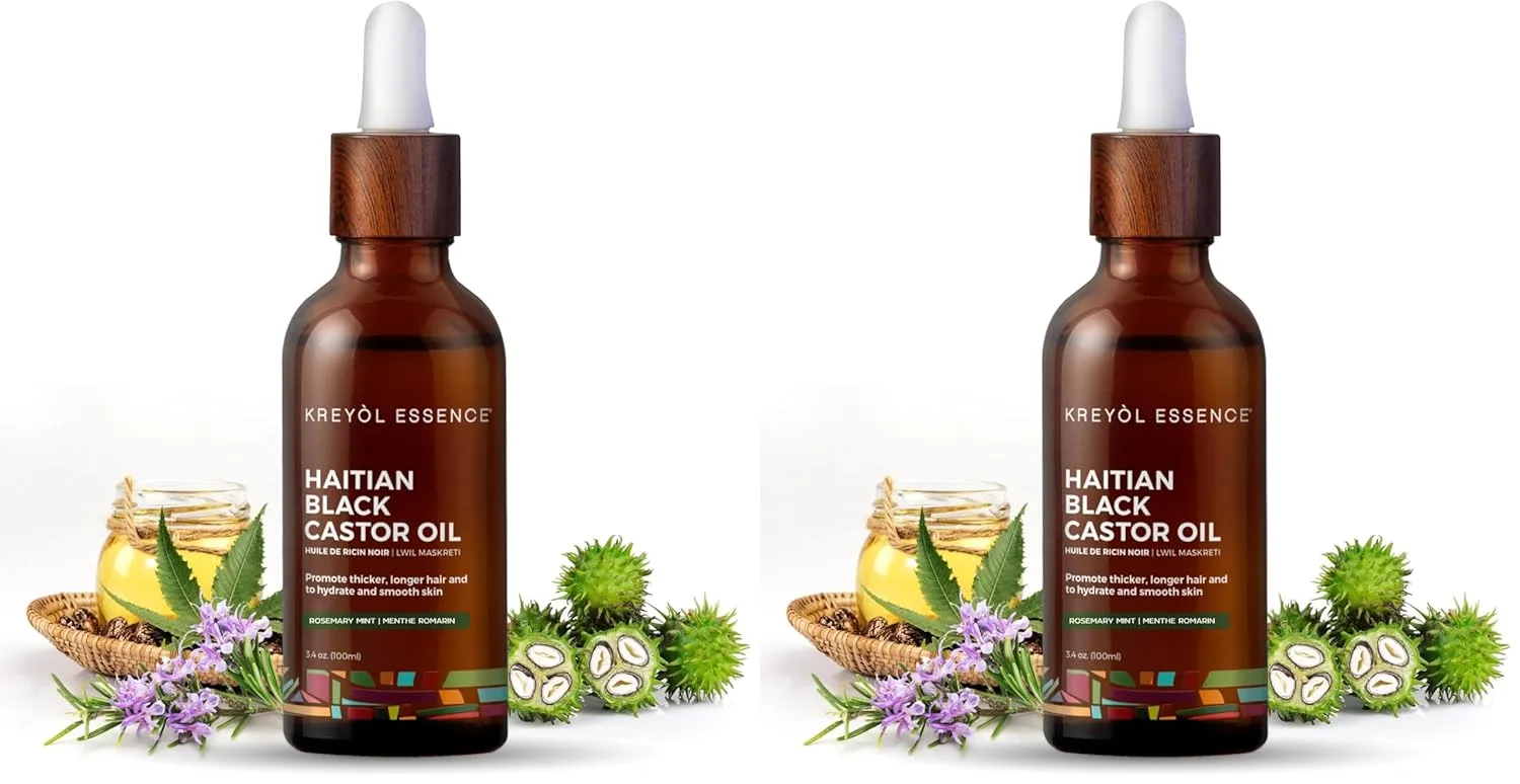 Kreyol Essence - гаитянское черное касторовое масло для кожи и волос, стеклянная бутылка - холодный отжим, для густоты волос, без гексана, натуральный увлажнитель, 100 мл, розмарин и мята (упаковка 2 шт) Kreyòl Essence, BLACK