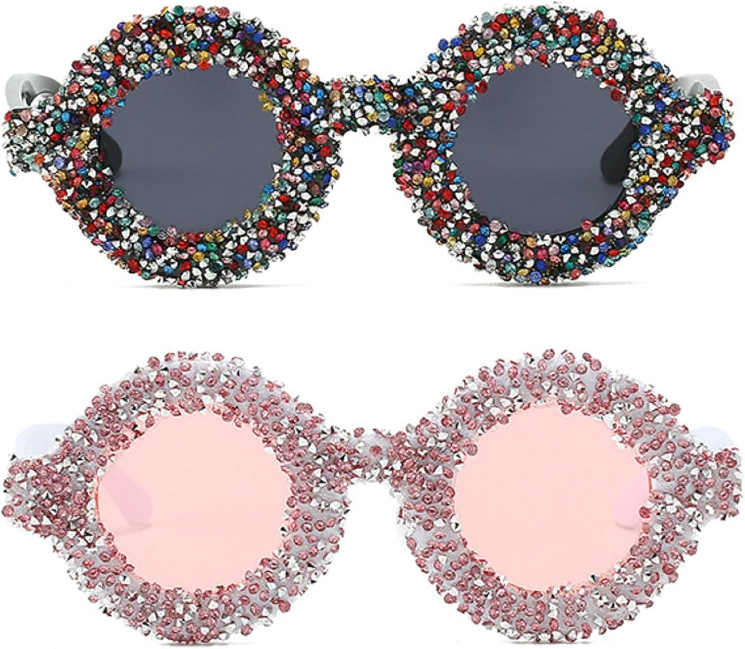 

Круглые солнцезащитные очки со стразами для женщин, разноцветные бриллиантовые солнцезащитные очки для мужчин, блестящие солнцезащитные очки для вечеринок mincl, 2pcs-colorful&pink