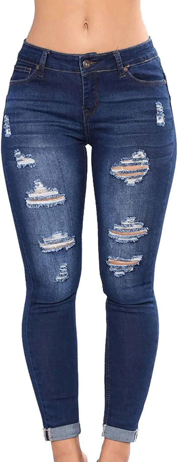 

Женские рваные джинсы Stretchy Slim Mid Rise Casual с карманами Woblesal