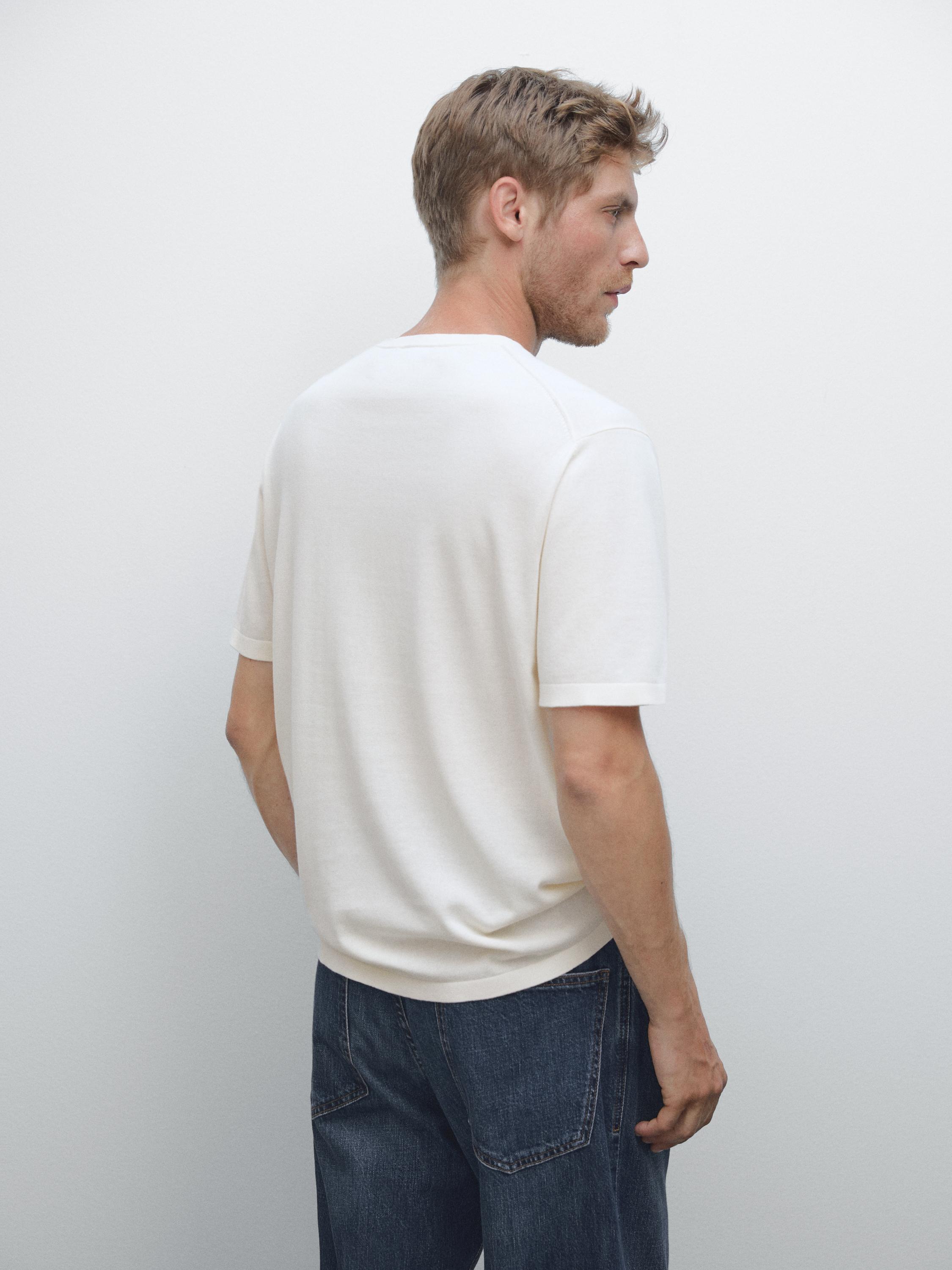 Футболка из 100% хлопкового трикотажа Massimo Dutti, кремовый — фото 3