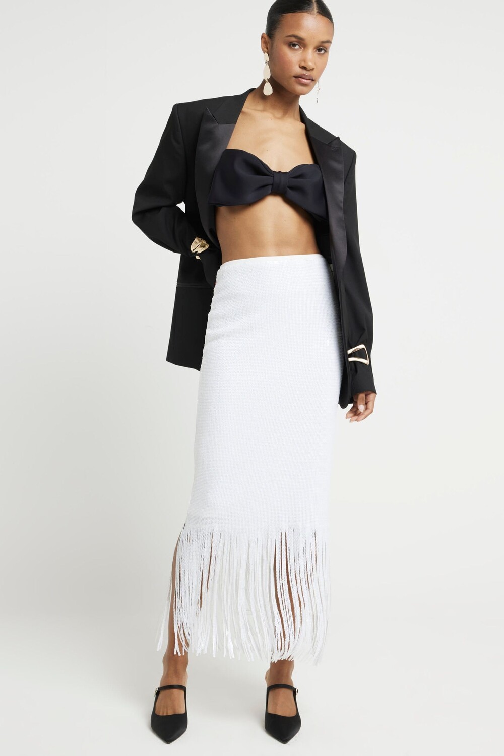 

Юбка миди с пайетками и бахромой River Island, белый