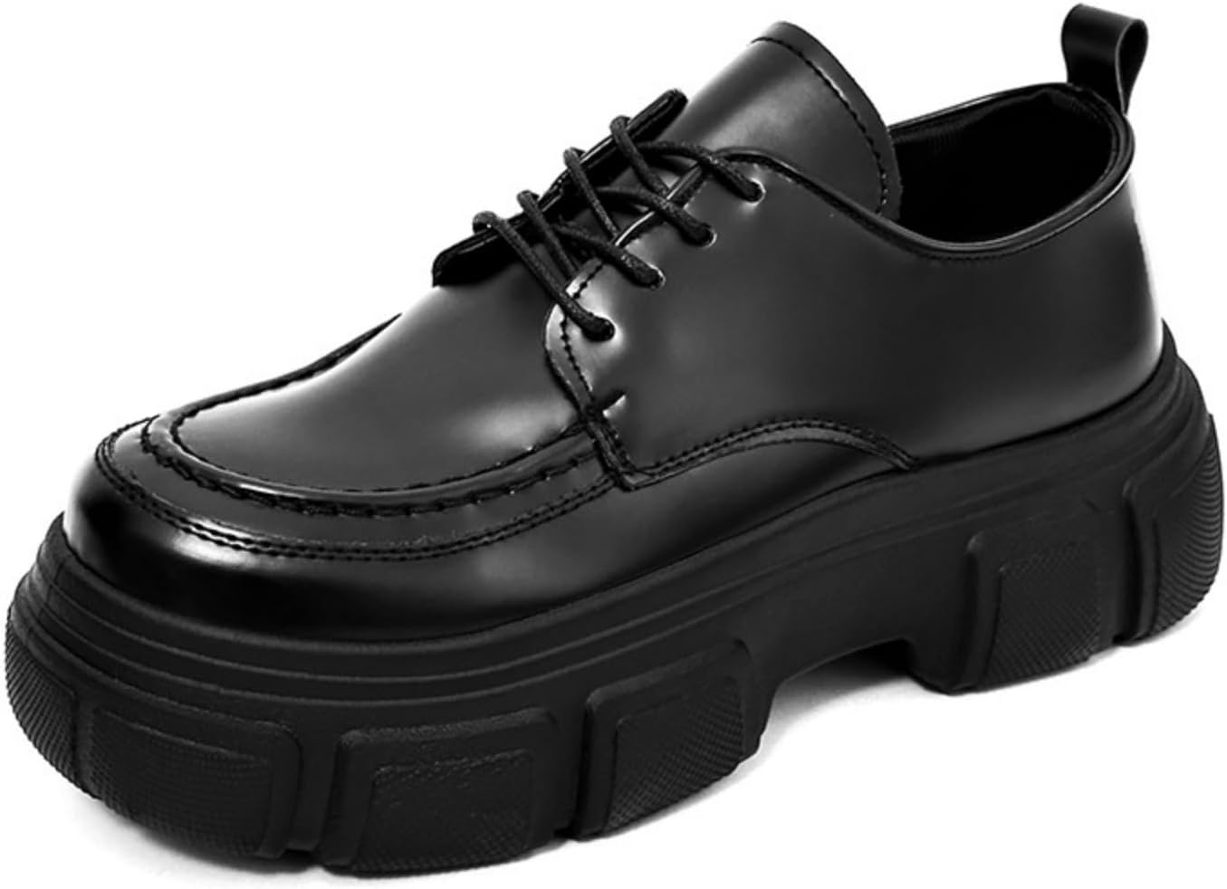 

Мужские туфли с массивной подошвой - лаковые кожаные оксфорды на шнуровке с платформой, текстурированной резиновой подошвой и петелькой на пятке для повседневного и официального ношения Kelibasi, черный