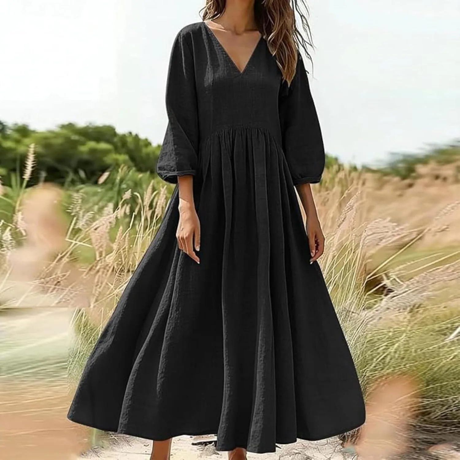 Generic Платье для женщин Plus Size летнее с 3/4 рукавом и плиссированной юбкой в пол, свободного кроя с завышенной талией, для отдыха и пляжа (Black, Large) — фото 3