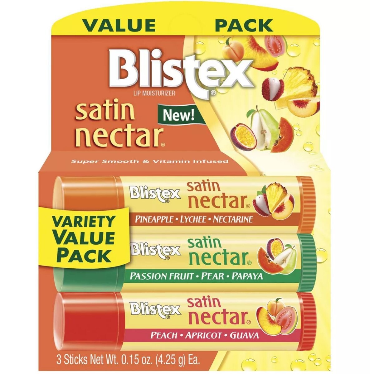 

Blistex, 3 упаковки увлажняющих фруктовых бальзамов для губ, Satin Nectar