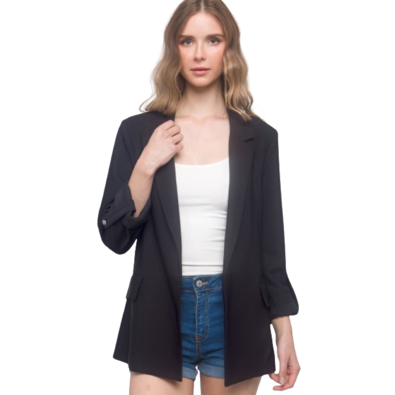

Тканый однотонный блейзер с рукавами 3/4 FASHNZFAB, черный