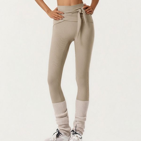 

Женские ребристые леггинсы с высокой талией, поясом-оберткой и контрастными манжетами Anna-Kaci, Light Beige