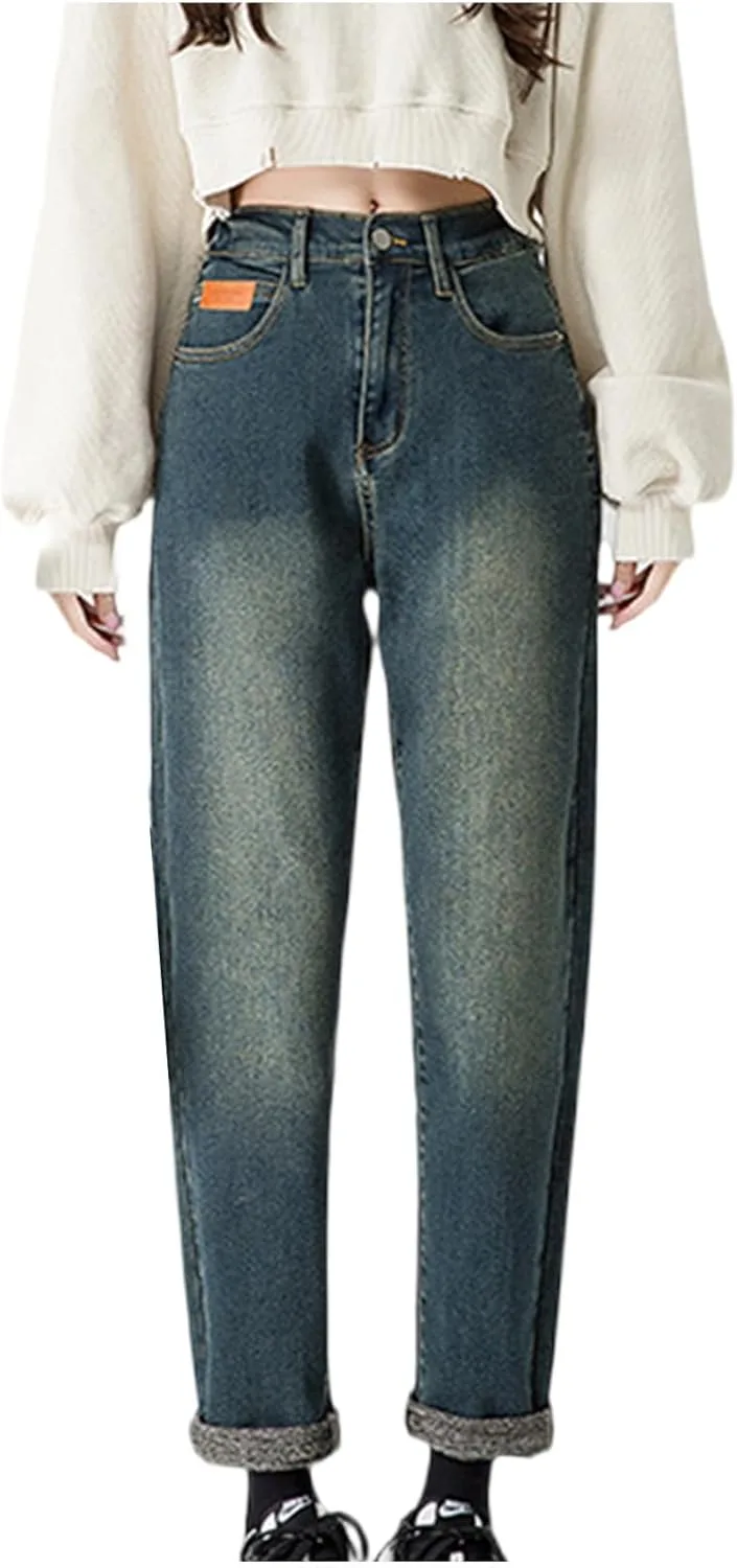 

Женские джинсы baggy mid-rise boyfriends straight leg с зимней флисовой подкладкой