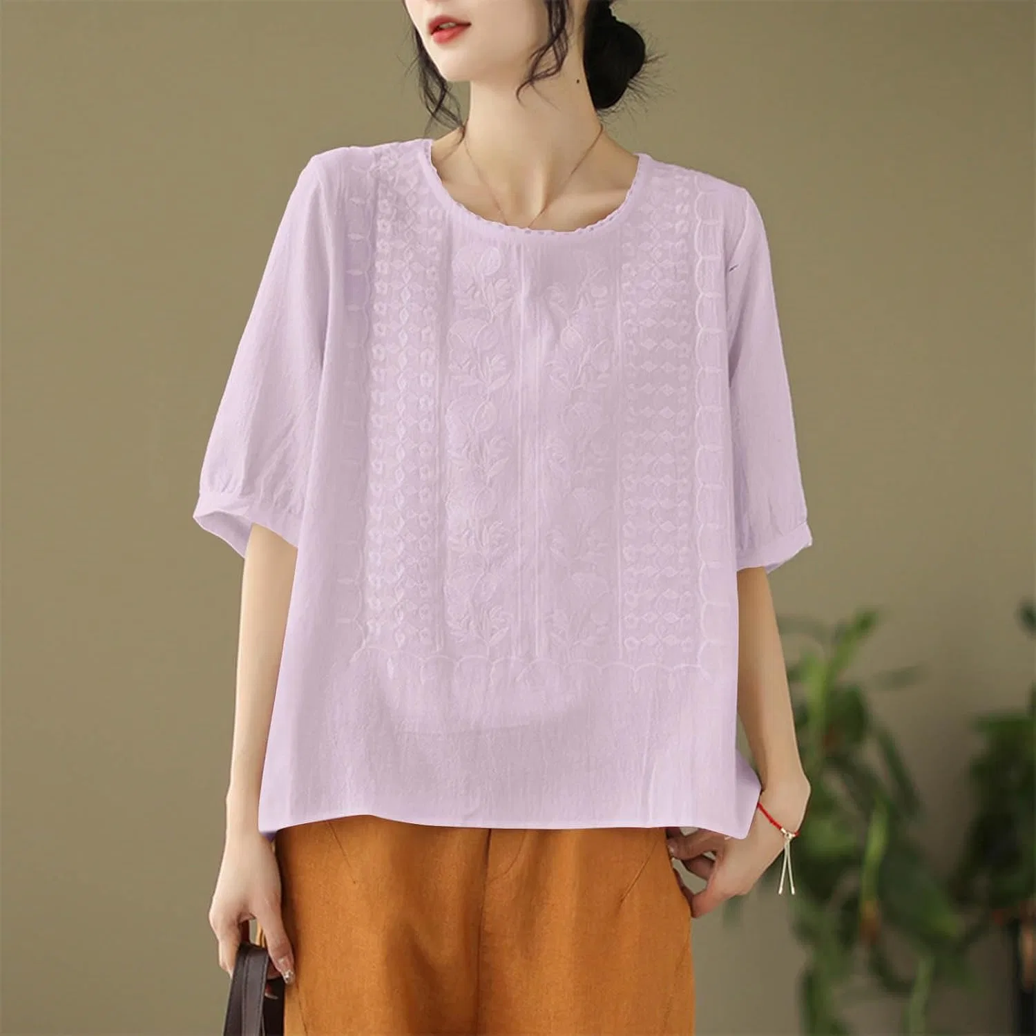 Футболка из хлопка и льна, женская, Oversize, розовый — фото 2