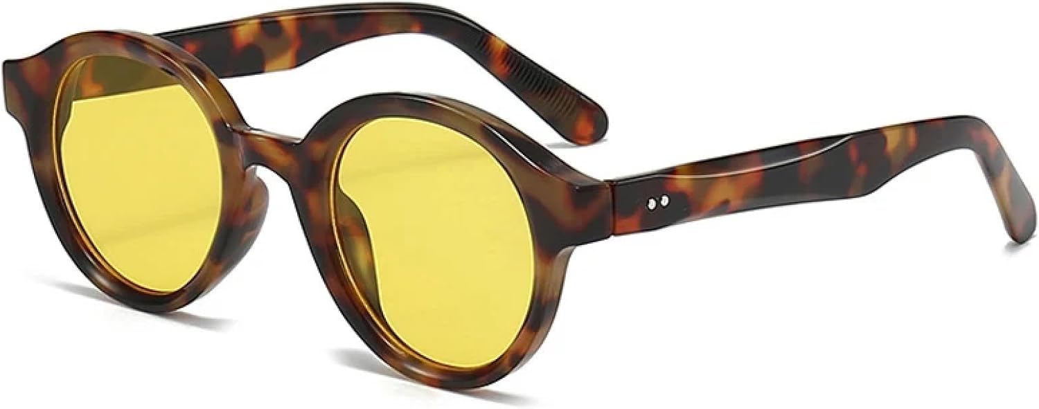 

Ретро круглые женские солнцезащитные очки с градиентным покрытием, защита от УФ-излучения UV400, модные конфетные цвета, мужские трендовые очки с заклепками, панк-стиль TVTBBVV, Leopard Yellow