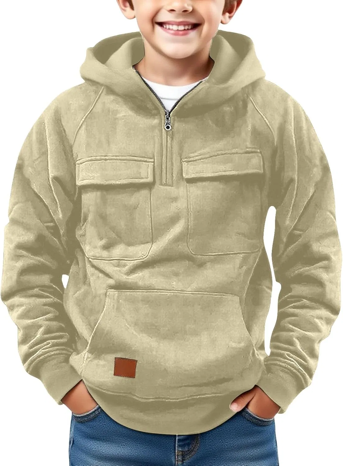 Толстовка на молнии с капюшоном, флисовая, мальчиковая, Beige