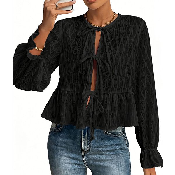 

Женская блуза с длинными рукавами, текстурированная, с запахом, вырезом, расклешенными манжетами и пеплумом Clearflower, Black