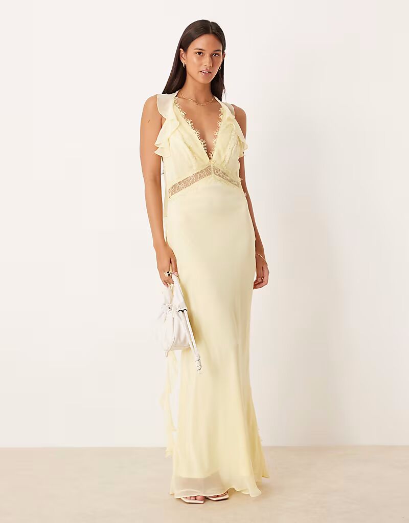 

Платье миди с кружевными вставками из шифона лимонного цвета Asos Design