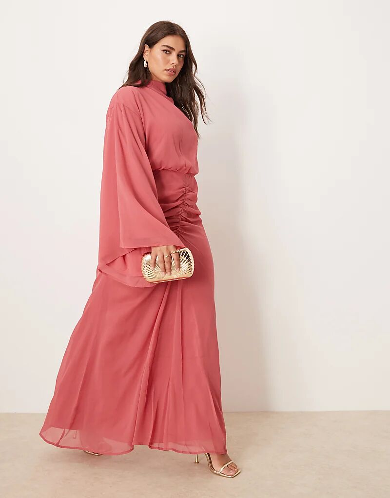 

Платье макси ASOS DESIGN Curve с объемными рукавами и юбкой с рюшами, темно-розового цвета Asos Curve