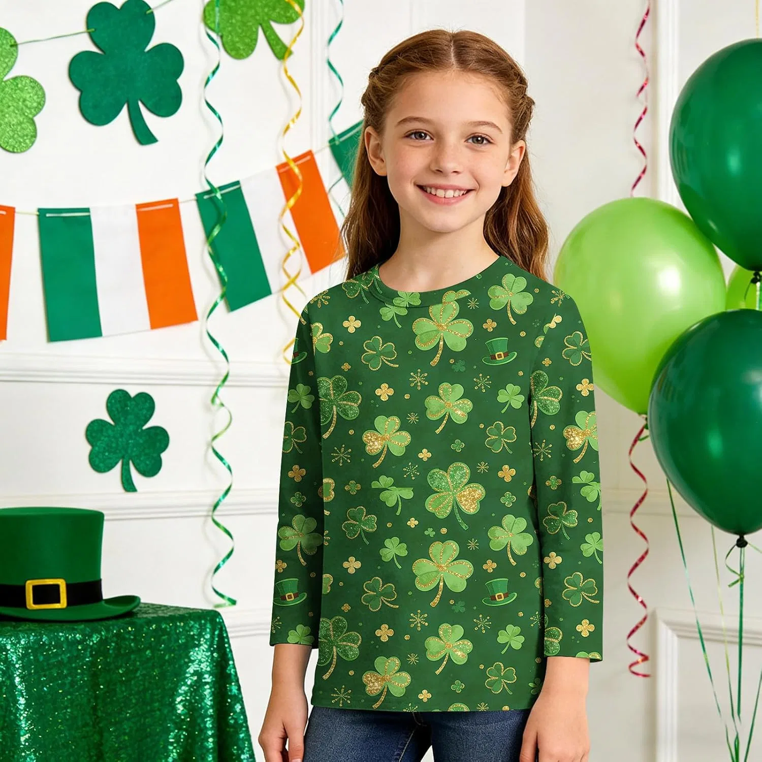 Футболка с рисунком Shamrock для девочек, Zzalalana, 3/4 рукав, мультиколор — фото 2