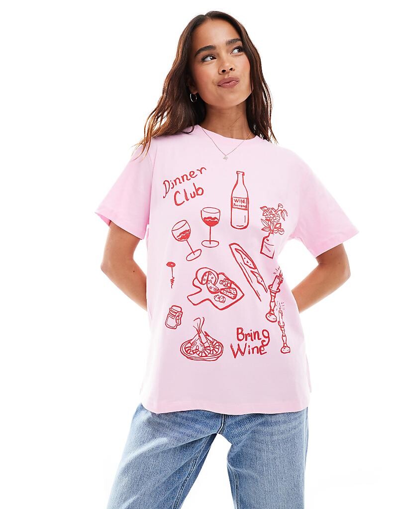 

Розовая футболка оверсайз с рисунком «Dinner Club» ASOS DESIGN