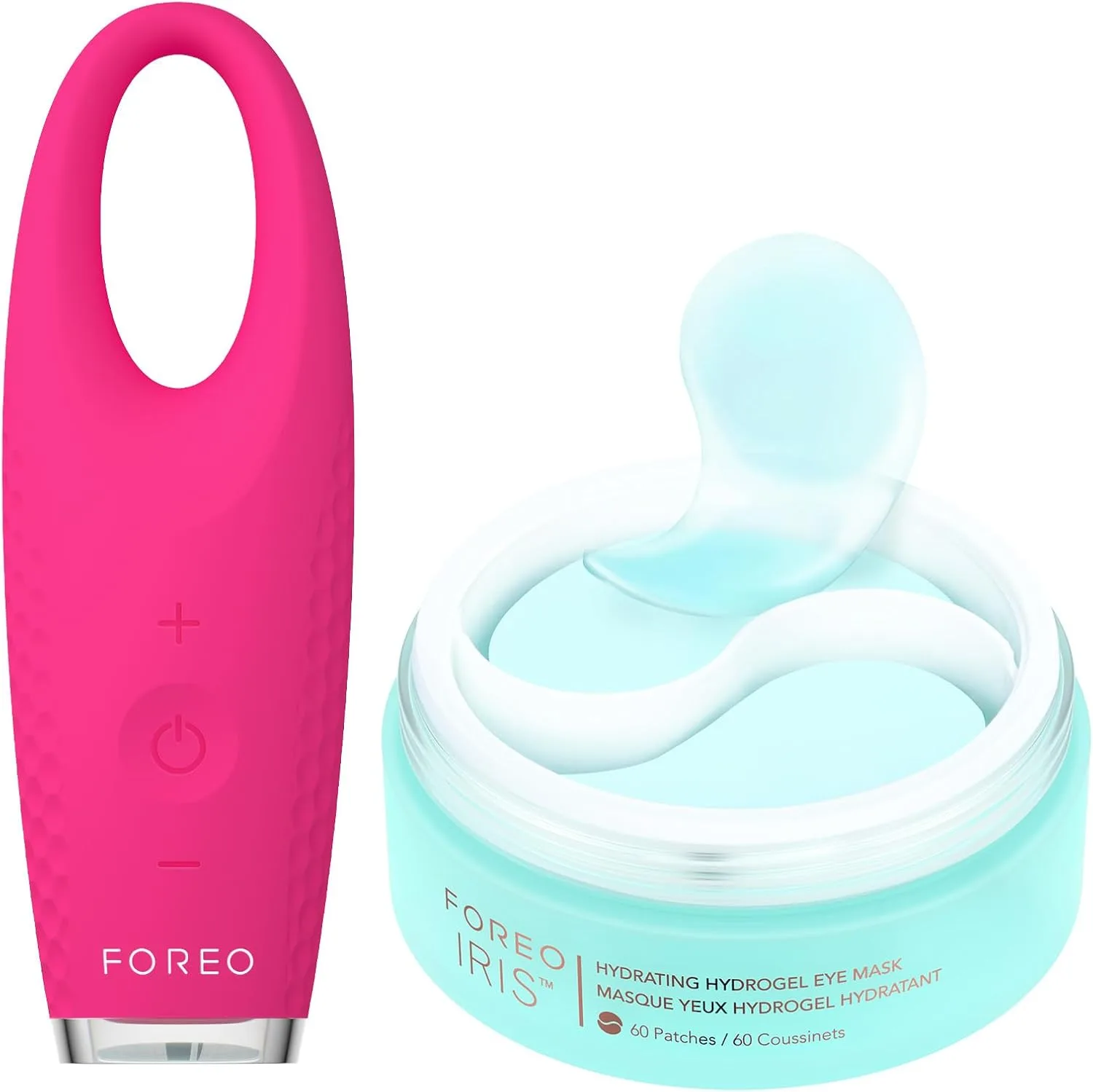 Foreo Eye Revive Iris 2 набор: лимфодренажный массажер для глаз Iris, увлажняющая гидрогелевая маска для глаз, 60 шт, средство от темных кругов и мешков под глазами, уменьшение отечности, цвет fuchsia, Magenta — фото 2