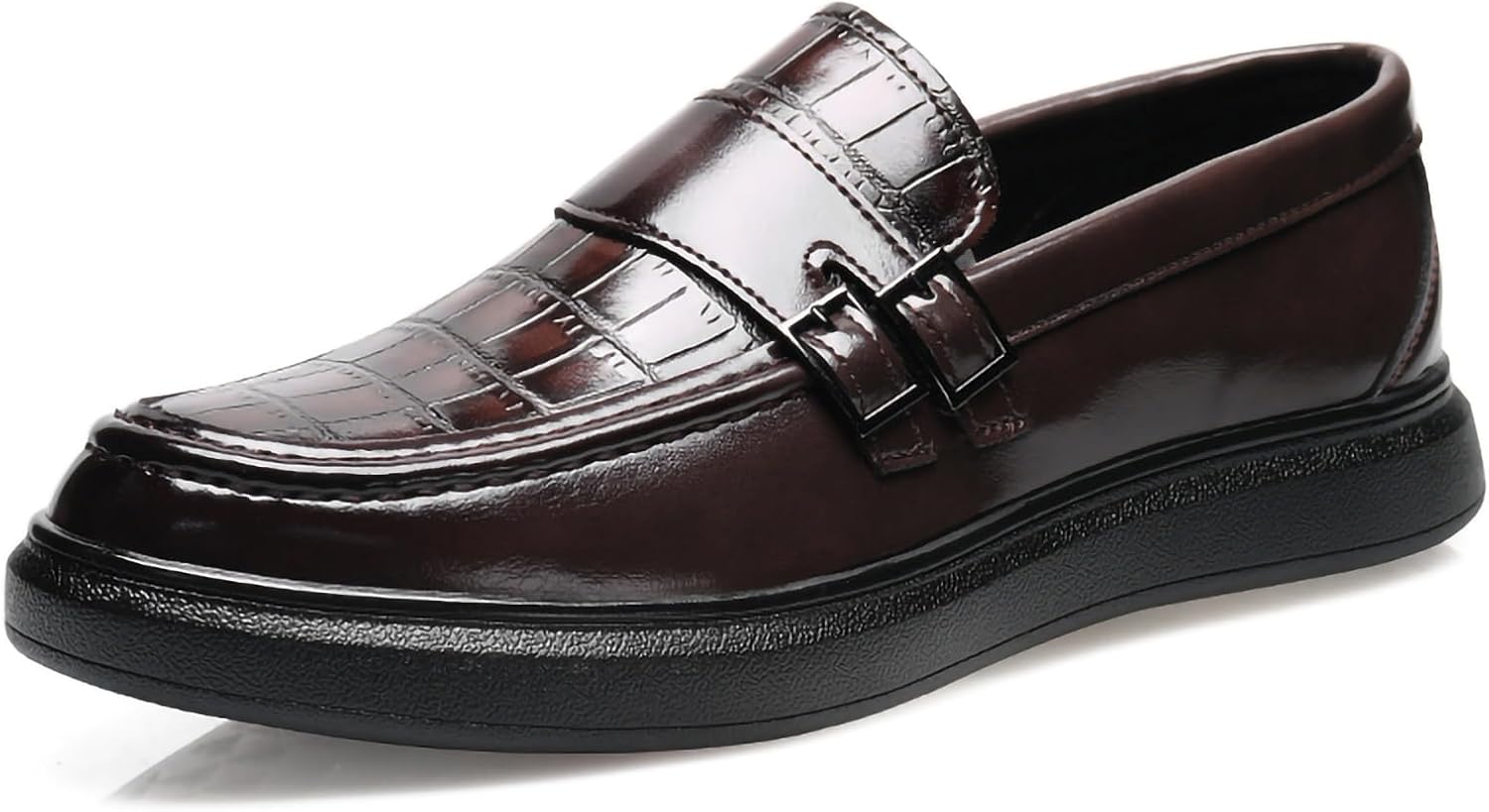 

Мужские лоферы из искусственной кожи с тиснением под крокодила и двойной пряжкой - легкие модельные туфли на плоской нескользящей подошве, формальная и повседневная обувь Generic, коричневый