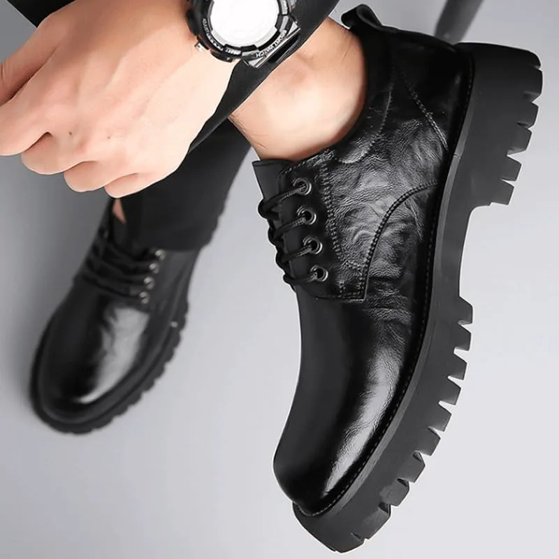Men's Platform Oxford Shoes - Genuine Leather Slip-On Modern Formal Business Lace-Up with Heightening Effect Zentavi, черный — фото 2