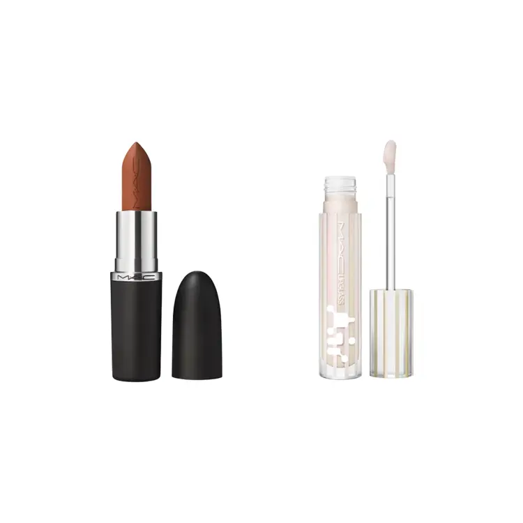 

Зеркальная глянцевая помада с матовым финишем в форме стика Набор для макияжа Легко растушевывается 3,5 г + 5 мл MAC, two-piece set: lipstick #685 grand коричневый+liquid lipstick #221 diamond light