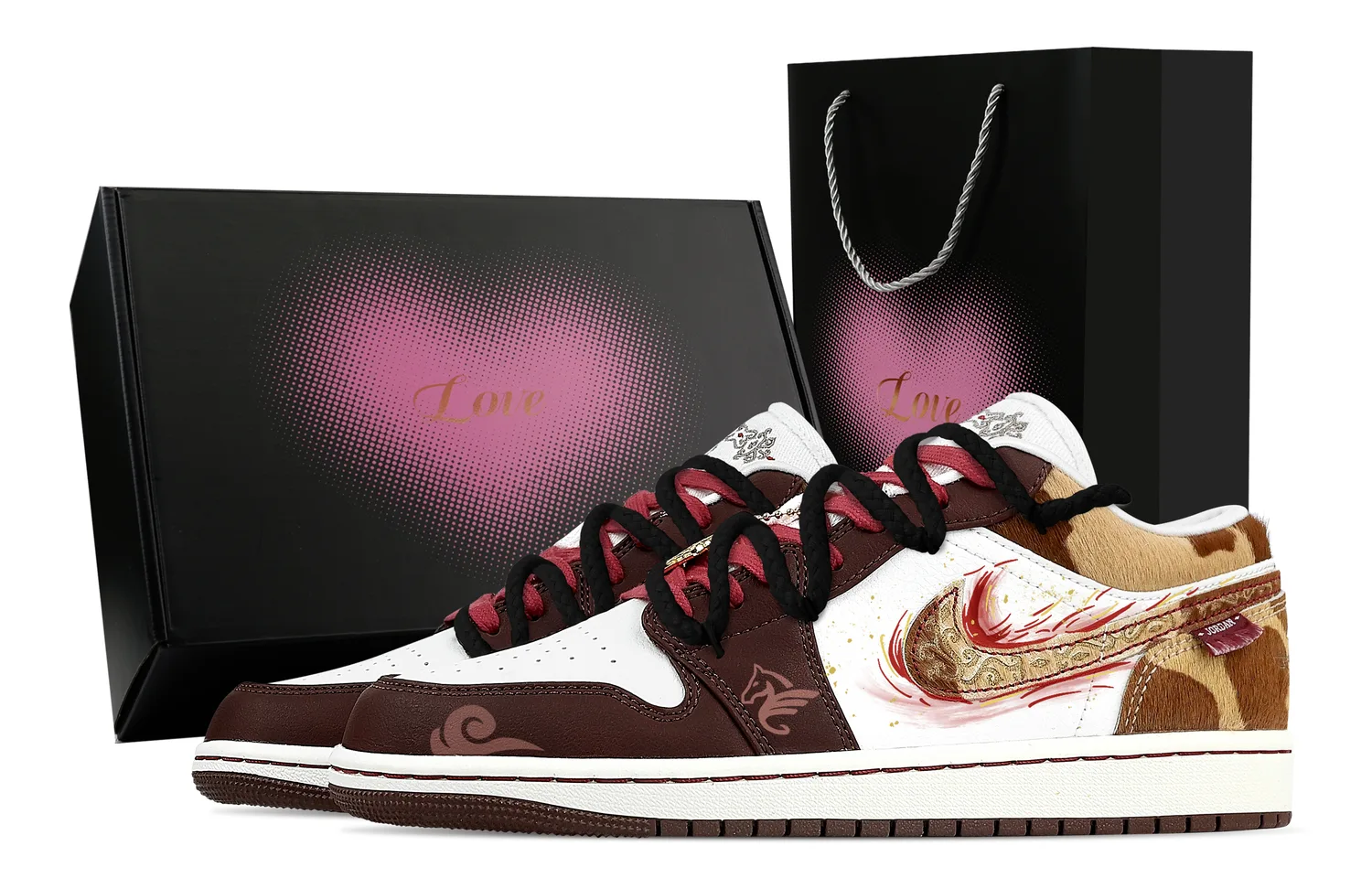 Jordan Кроссовки Air 1 Galloping Horse, Heart Box Low top Vintage мужские, коричневые и белые