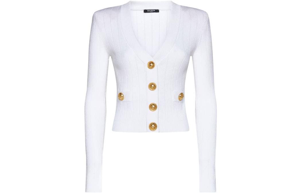 Кардиган с V-образным вырезом из ажурной вязки BALMAIN, белый — фото 2