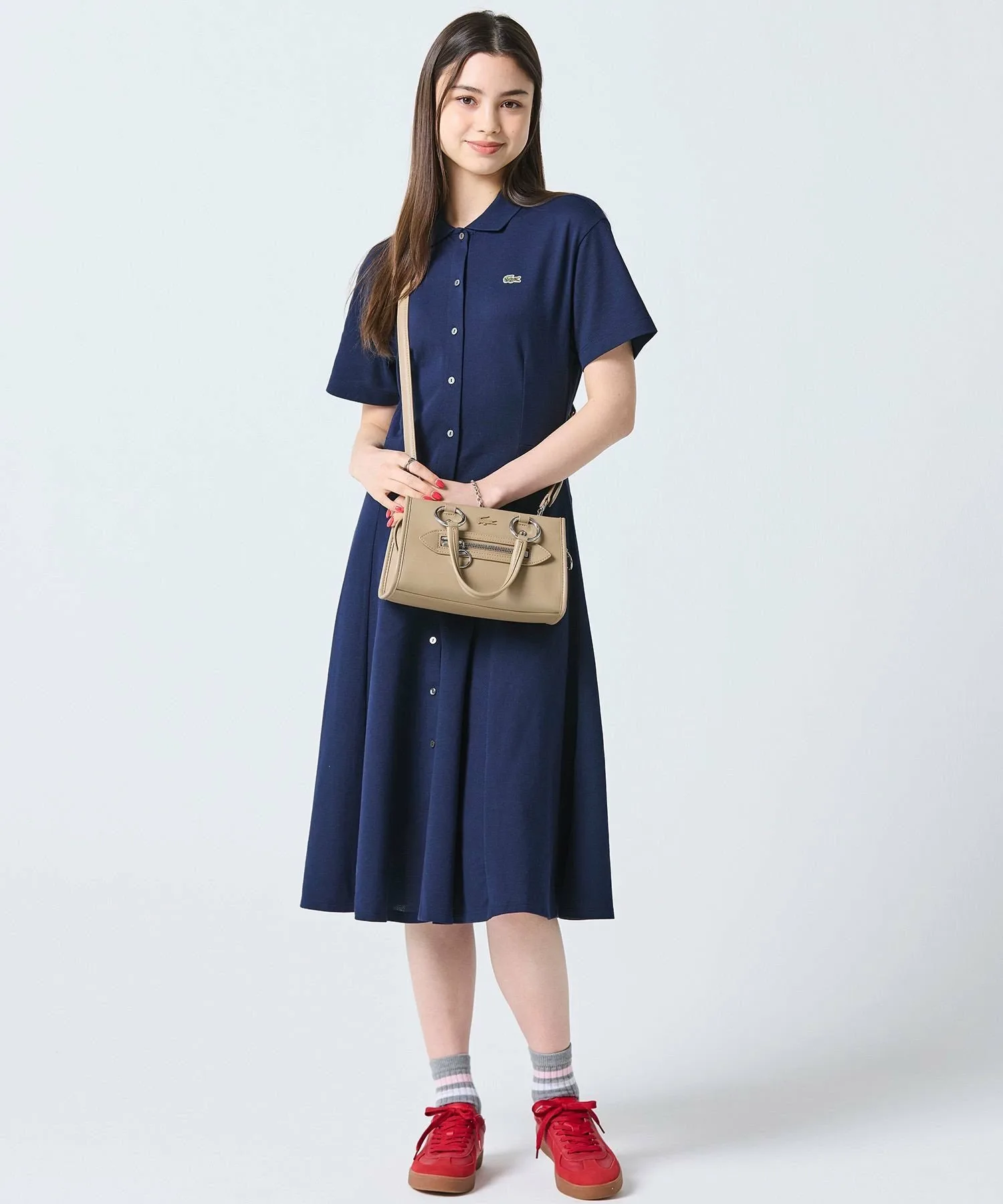 Платье-рубашка LACOSTE Navy из пике, трапеция с драпировкой — фото 2