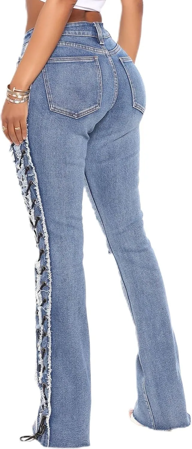 Женские джинсы с завязками High Waist Slim Fit эластичные расклешенные — фото 2
