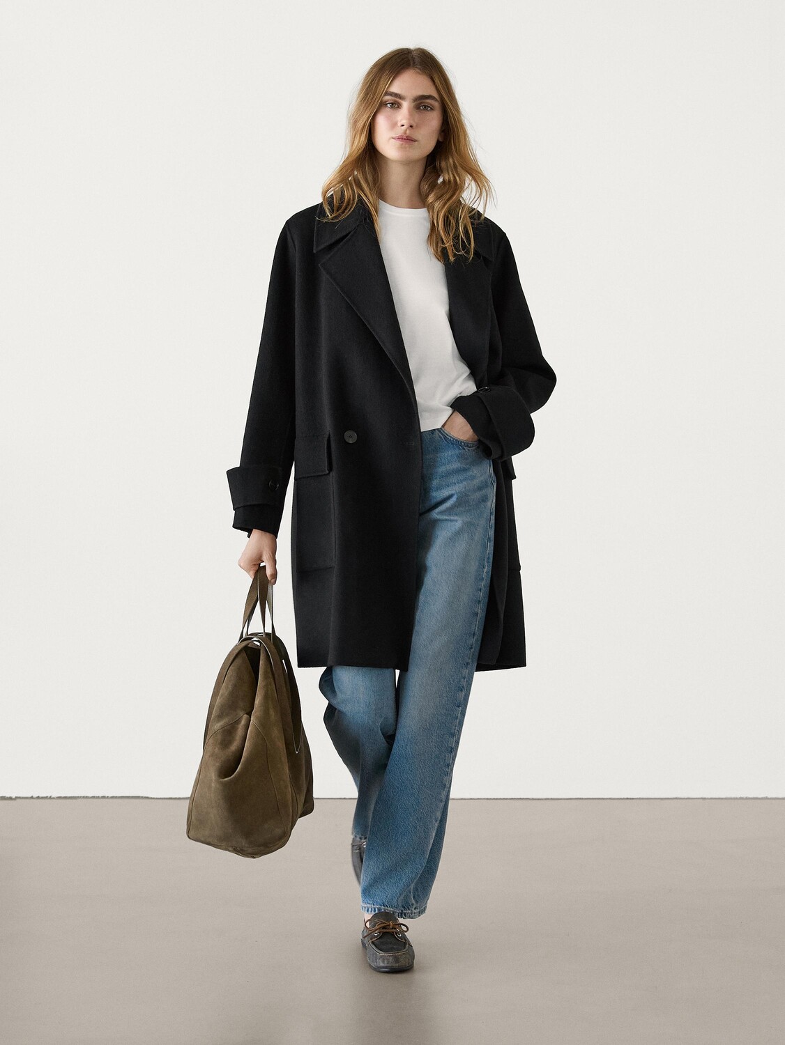 

Длинное пальто макси из смесовой шерсти Massimo Dutti, черный