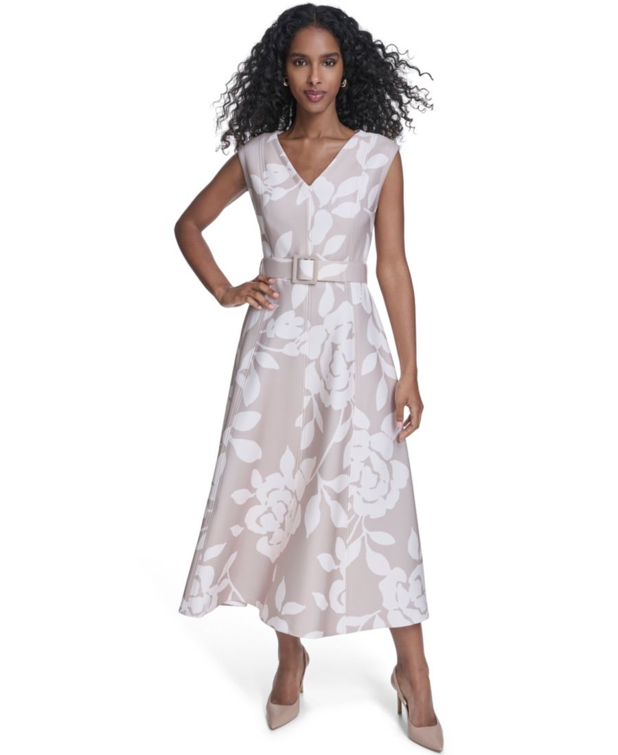 

Женское миди-платье из ткани дайвинг с поясом и V-образным вырезом Calvin Klein, Cashew/Cream