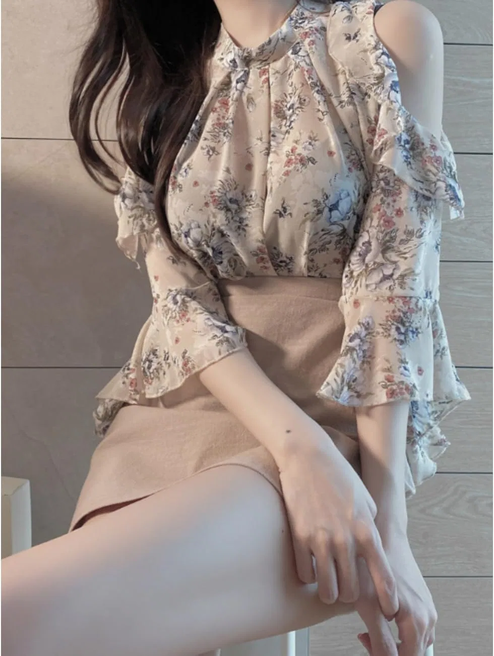 Блуза с цветочным принтом, off-shoulder, синий — фото 4