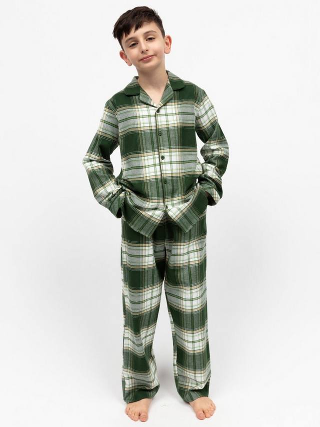 

Детский комплект пижамы Fern Brushed Cotton в клетку Minijammies, Olive Green