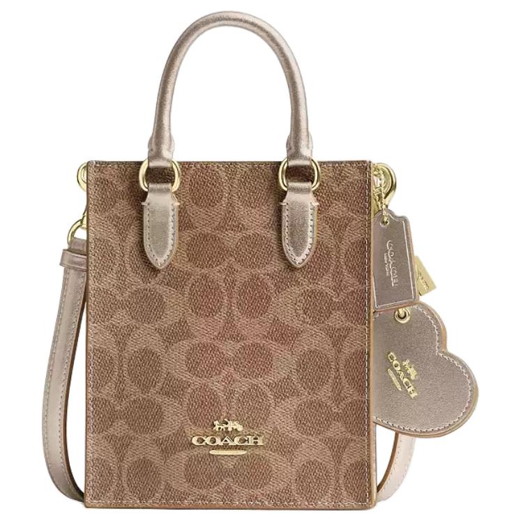 

COACH Кожаная сумка для нот из котированного холста с наплечным ремнем миниатюрная женская хаки