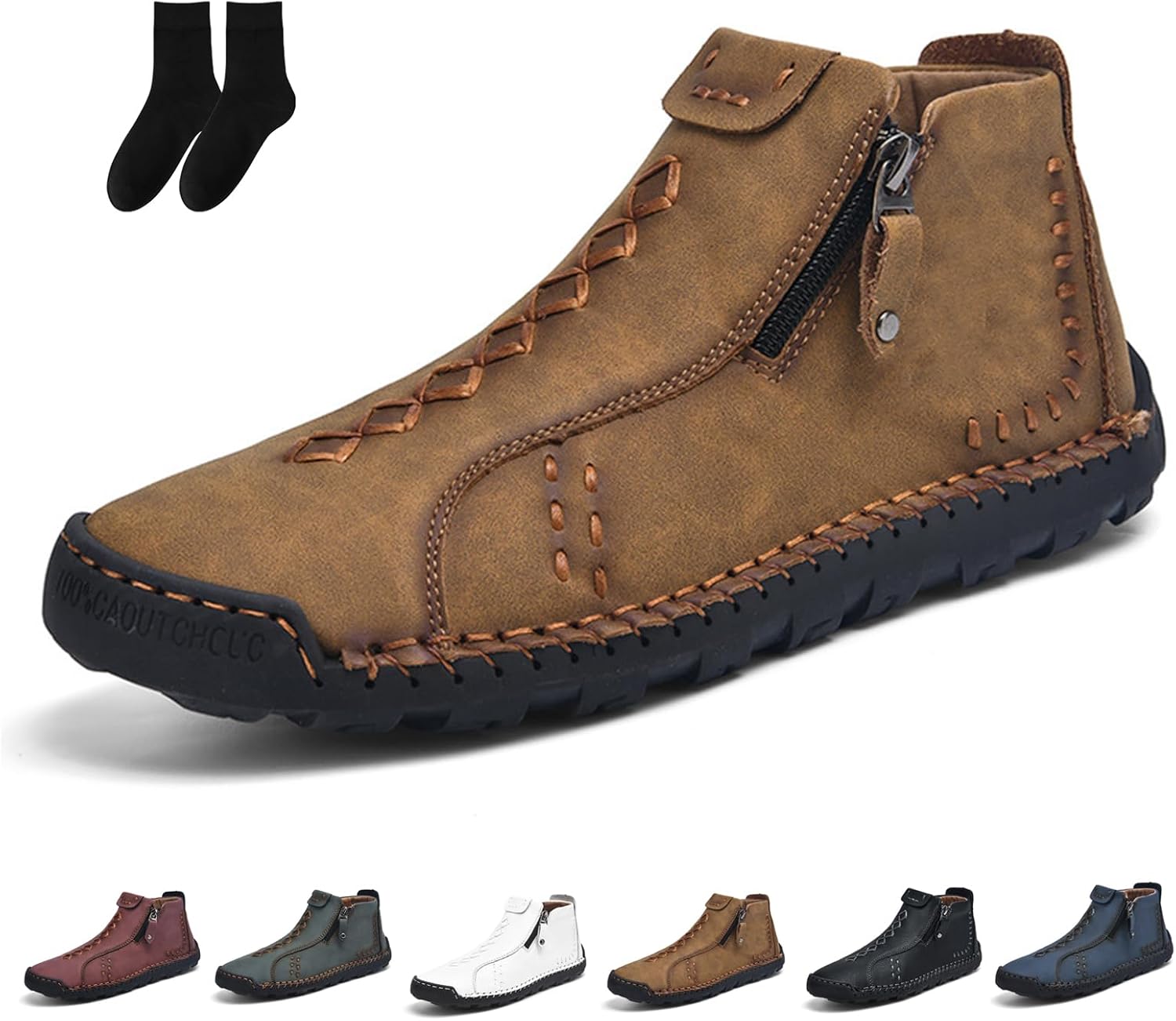 

Мужские повседневные кожаные туфли с ручной работой, на щиколотку, с боковой молнией, средней посадки, слипоны, лоферы для ходьбы, вождения, износостойкие туристические ботинки Generic, коричневый