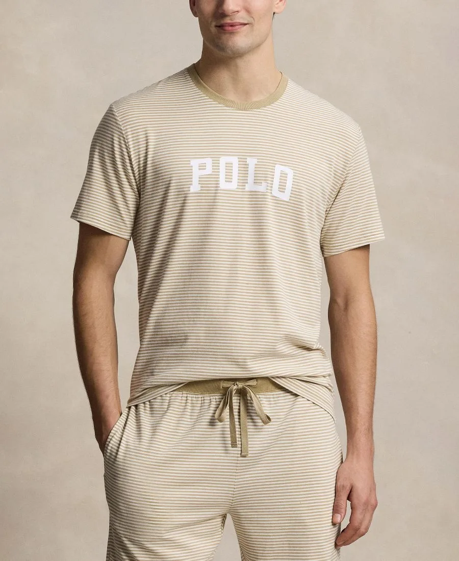 Мужская пижамная футболка с коротким рукавом Polo Ralph Lauren, classic хаки/белый tick stripe/белый logo