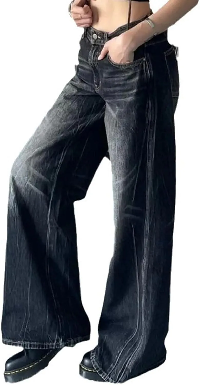 

Винтажные женские джинсы Y2K в стиле American Retro, свободные широкие с расклешенными штанинами до пола LREUIP