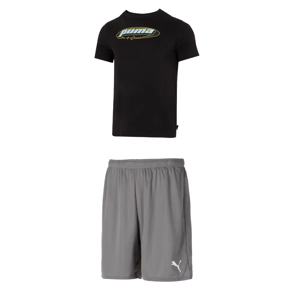 

Повседневный спортивный мужской комплект: черный топ + серые шорты Puma, черный