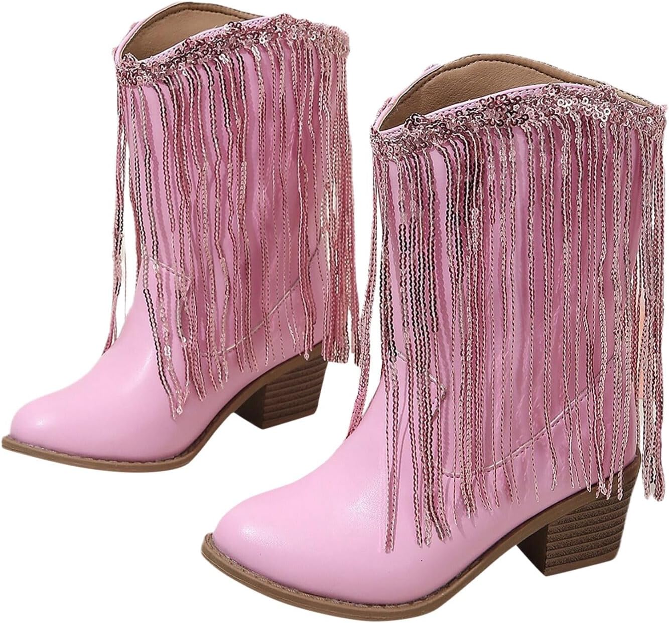 

Детские ковбойские сапоги с бахромой, вестерн-сапоги с массивным каблуком, сапожки до середины голени с заостренным носком, ботильоны с широкие голенищем Generic, Red