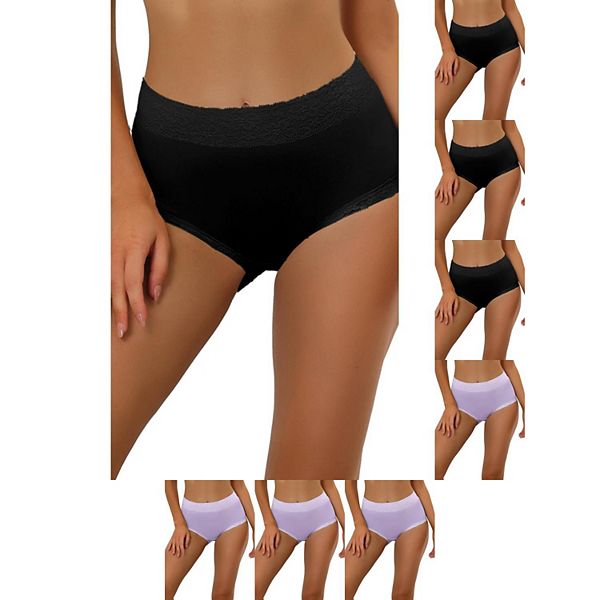 

8 пар женских хлопковых трусиков с высокой талией, кружевной отделкой и эффектом контроля живота Inspire Chic, Purple Black