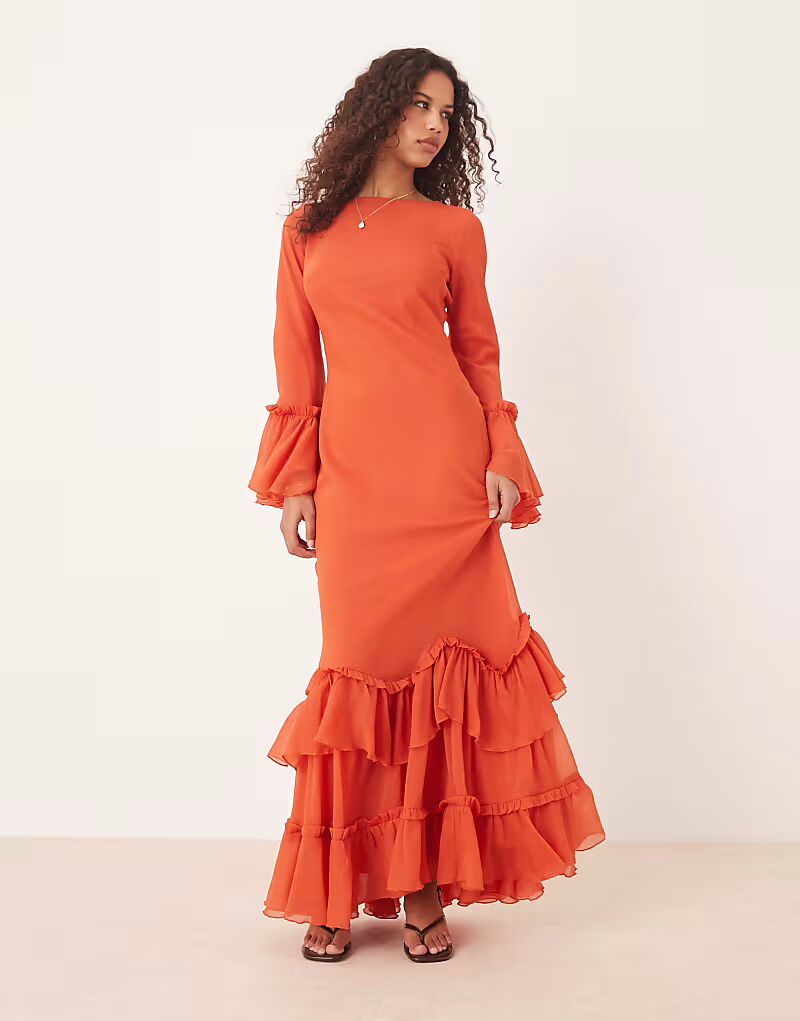 

Длинное шифоновое платье-макси с оборками и длинными рукавами ASOS DESIGN красного цвета