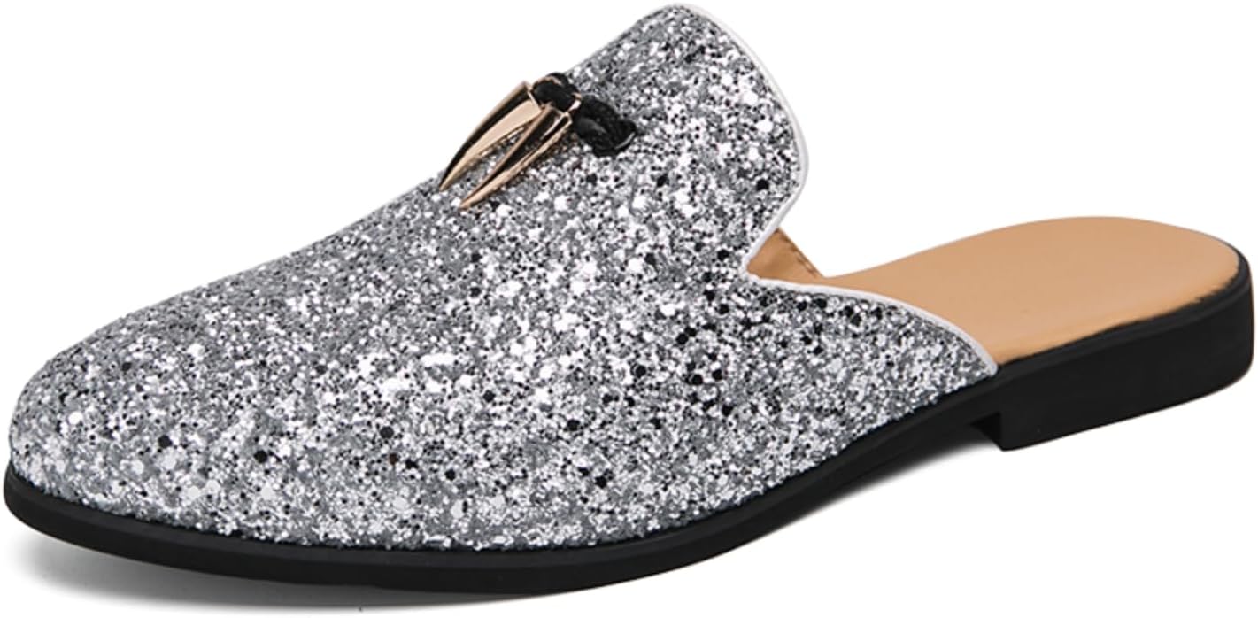 

Мужские мюли с блестками и металлическими акцентами: стильные и привлекающие внимание, эффектный дизайн, яркий элемент образа Aokisx, серебро