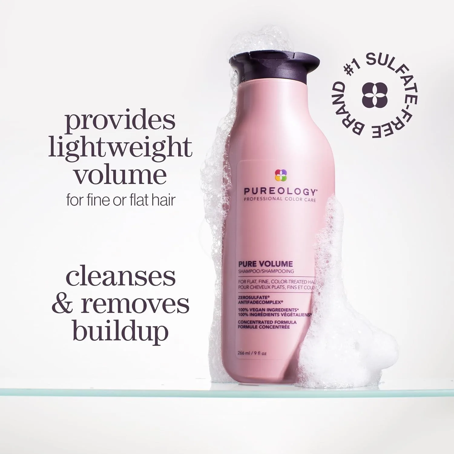 Шампунь Pureology Pure Volume - придает объем и подвижность, легкий шампунь для тонких, безжизненных и окрашенных волос, без сульфатов и подходит для веганов. 266 мл (.) — фото 2