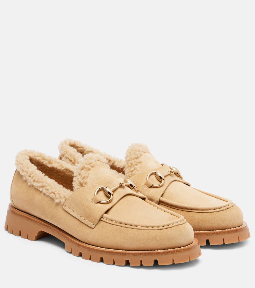 Силке лоферы из замши с отделкой из овчины Gucci, Butterscotch/Butters