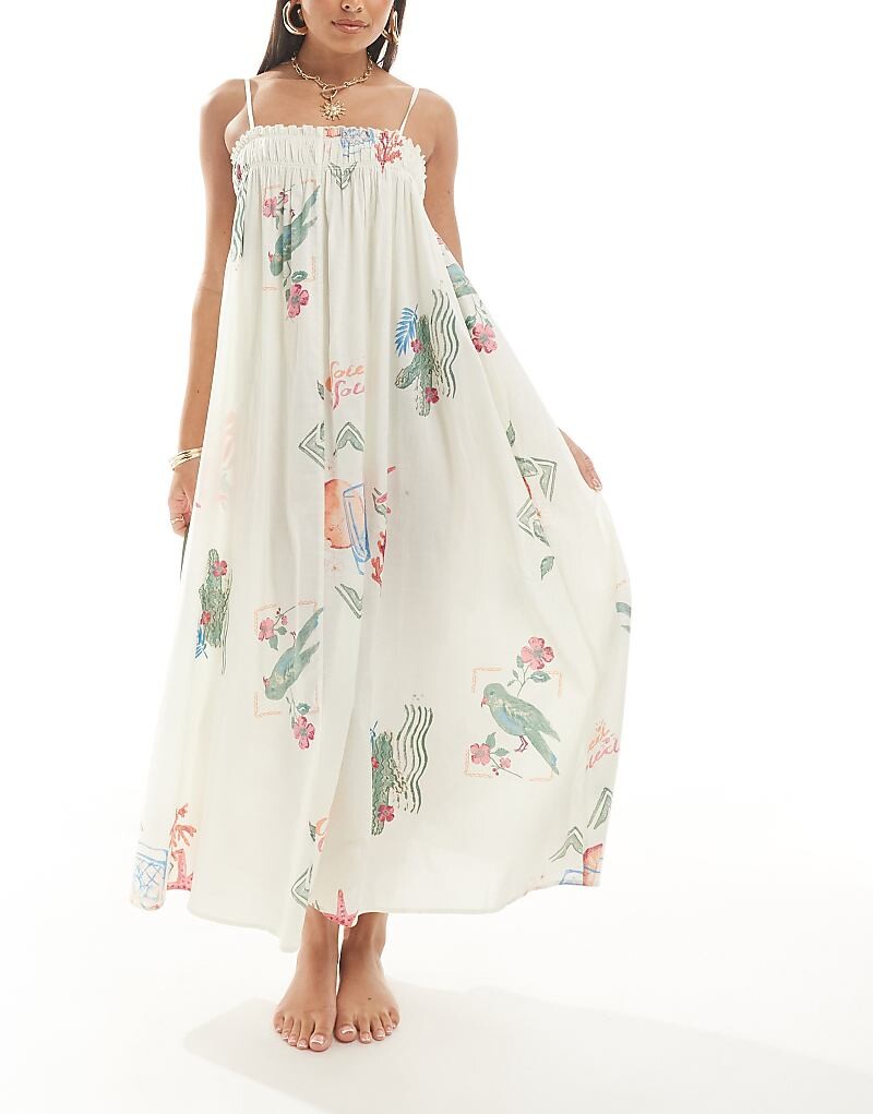 

ASOS DESIGN – Пляжное платье макси трапеции с принтом в виде открытки