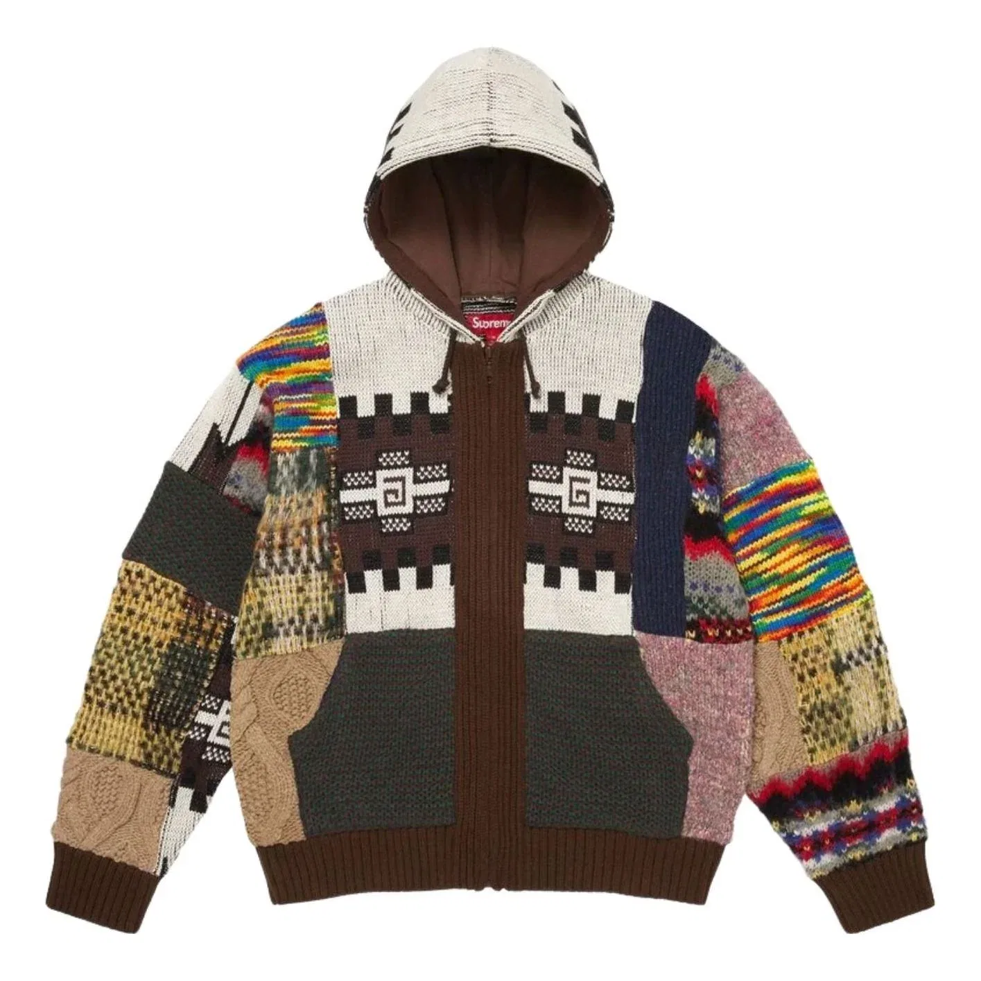 Свитер Supreme SS26 с капюшоном на молнии и лоскутным узором, коричневый, SUP-SS26-261-BRN