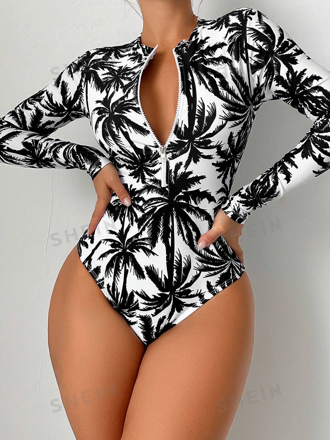 

Купальник Shein Swim Vcay с полумолнией спереди, черный / белый